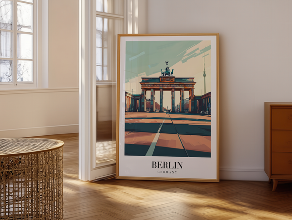 Berlin plakat med Brandenburger Tor og skyline – moderne byplakat fra Tyskland.