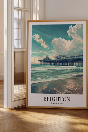 Brighton byplakat med Brighton Pier og havets bølger i blå nuancer.