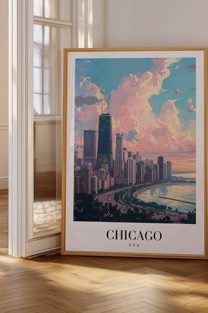 Chicago Skyline plakat med udsigt over byen og Lake Michigan – moderne byplakat fra USA.