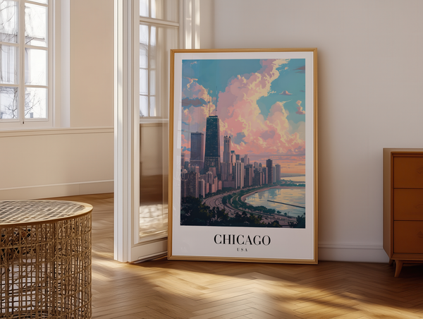 Chicago Skyline plakat med udsigt over byen og Lake Michigan – moderne byplakat fra USA.