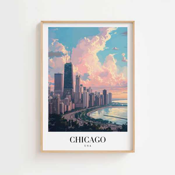 Chicago Skyline plakat med udsigt over byen og Lake Michigan – moderne byplakat fra USA.