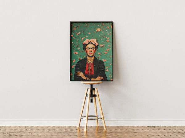 Grøn Blomsterbaggrund – Frida Kahlo Plakat
