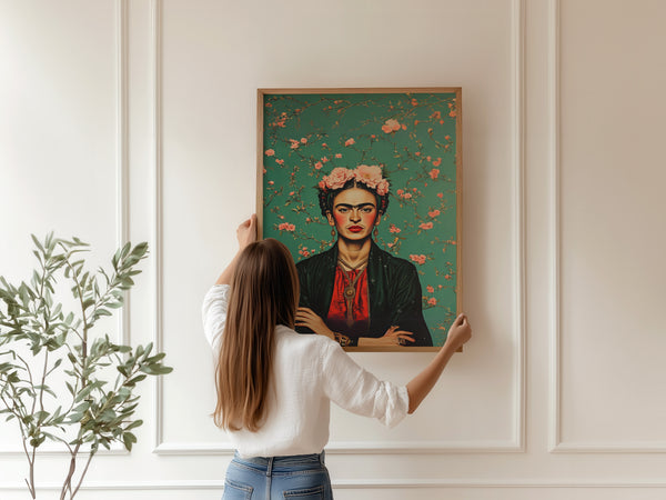Grøn Blomsterbaggrund – Frida Kahlo Plakat