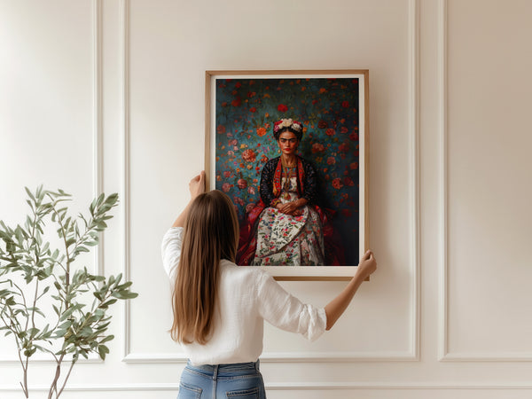 Frida Kahlo plakat med blomstrende rosenbaggrund og farverigt design