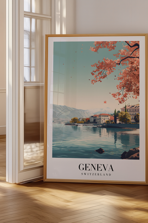 Genève Schweiz byplakat med udsigt over Genfersøen og Alperne.