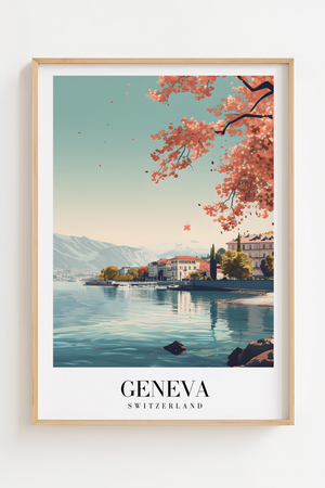 Genève Schweiz byplakat med udsigt over Genfersøen og Alperne.