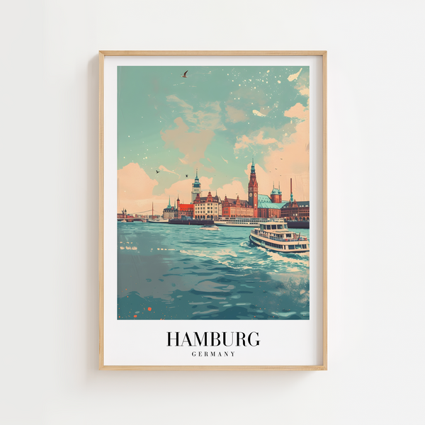 Hamburg Skyline plakat med udsigt over vand, bygninger og både – farverig byplakat fra Tyskland.