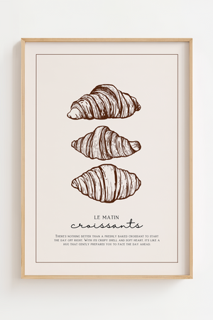 Croissant plakat med tre håndtegnede croissanter i brun ramme – perfekt som køkkenplakat med fransk caféstemning.