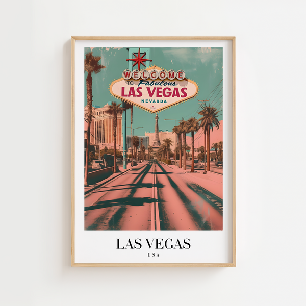 Las Vegas USA byplakat med “Welcome to Fabulous Las Vegas” skilt og palmer.