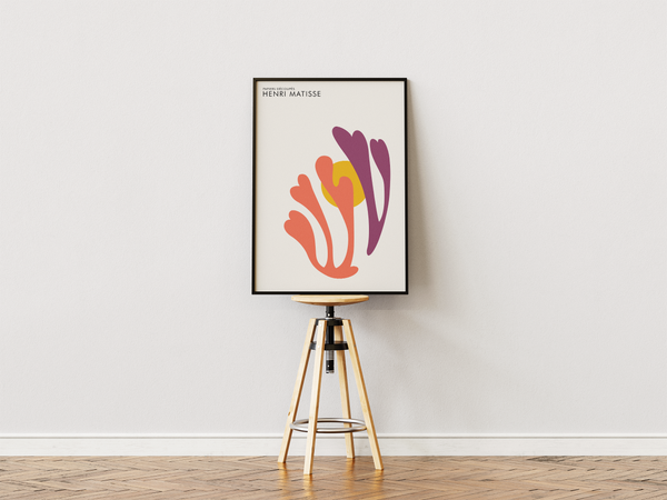 Sunrise Leaves Matisse plakat med abstrakte blade i orange og lilla samt gul cirkel – moderne vægkunst inspireret af Henri Matisse.