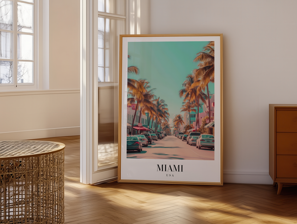 Miami USA byplakat med palmer og art deco bygninger – farverig rejseplakat.