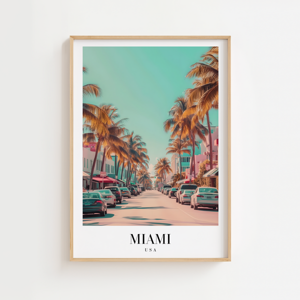 Miami USA byplakat med palmer og art deco bygninger – farverig rejseplakat.