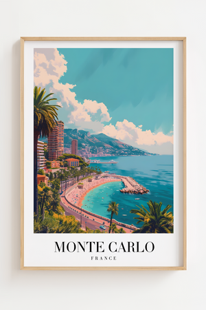 Monte Carlo byplakat med kystudsigt, palmer og middelhavsstemning.