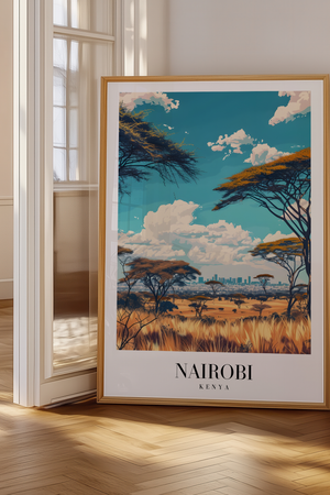Nairobi Kenya byplakat med savanne og skyline – farverig rejseplakat.