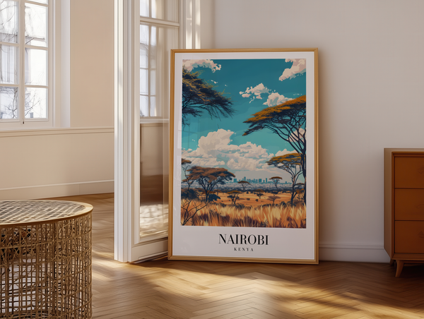 Nairobi Kenya byplakat med savanne og skyline – farverig rejseplakat.