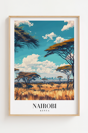 Nairobi Kenya byplakat med savanne og skyline – farverig rejseplakat.