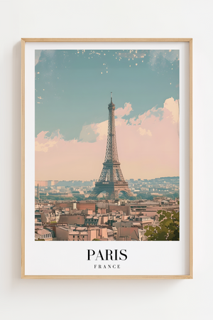 Paris byplakat med Eiffeltårnet og byens tage i bløde farver.