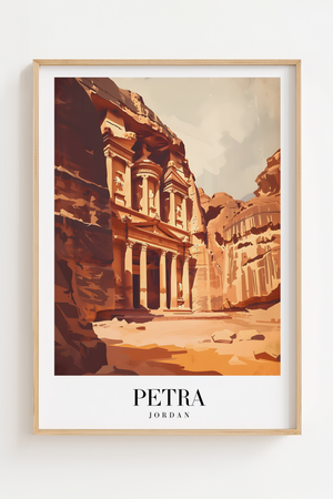 Petra Jordan byplakat med klippetempel – rejseplakat med oldtidsstemning.