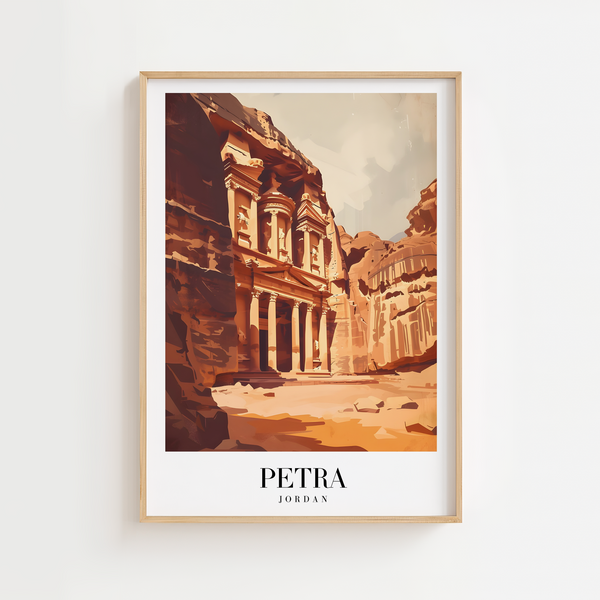 Petra Jordan byplakat med klippetempel – rejseplakat med oldtidsstemning.