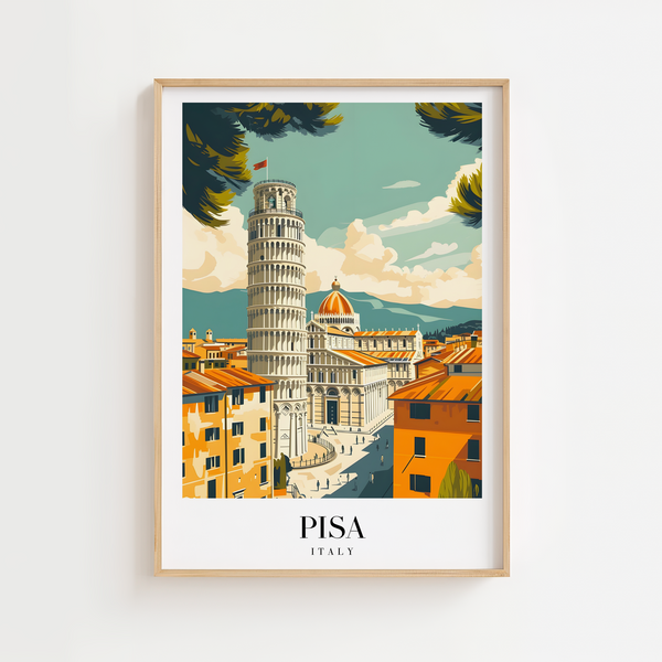 Pisa Italien byplakat med det skæve tårn – farverig rejseplakat fra Toscana.