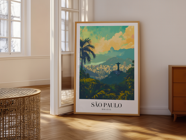 São Paulo Brazil byplakat med skyline og tropisk natur – farverig rejseplakat.