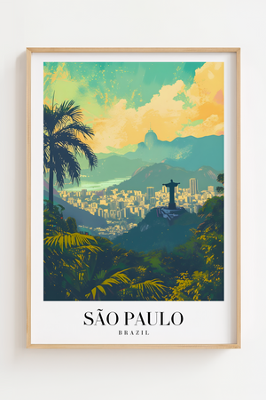 São Paulo Brazil byplakat med skyline og tropisk natur – farverig rejseplakat.