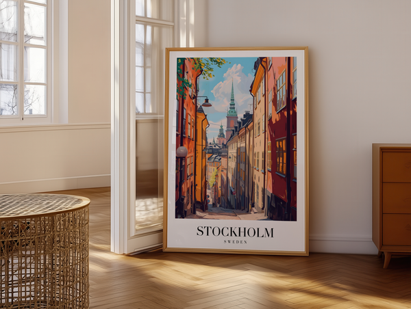 Stockholm Sverige byplakat med farverige huse og gader i Gamla Stan.