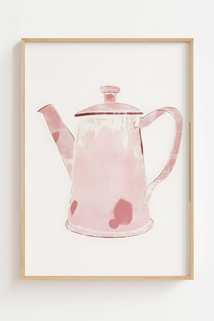 Retro plakat med lyserød tekande på lys baggrund i træramme – perfekt som køkkenplakat eller vintage vægkunst.