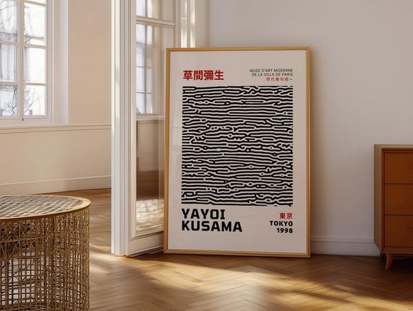 Abstract Lines – Yayoi Kusama plakat med sort-hvidt linjemønster i minimalistisk grafisk design – moderne kunstplakat.