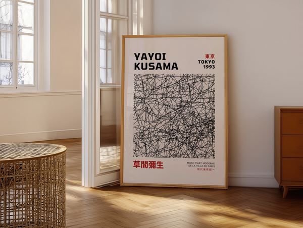 Infinity Net – Yayoi Kusama plakat med sort abstrakt linjemønster i grafisk design – moderne kunstplakat i minimalistisk stil.