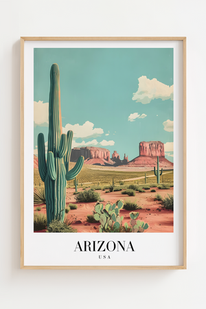 Arizona USA byplakat med kaktusser, ørken og røde klipper.