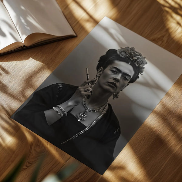 Smoking Icon – Frida Kahlo Plakat i sort-hvid med ikonisk portræt af Frida Kahlo med cigaret. Kunstplakat med stærk attitude til boligindretning