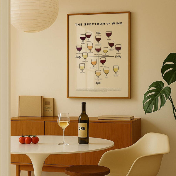 Vinplakat med smagsspektrum fra bold til light, illustreret med vinglas og vinvarianter – dekorativ og perfekt til køkken og hjemmebar.