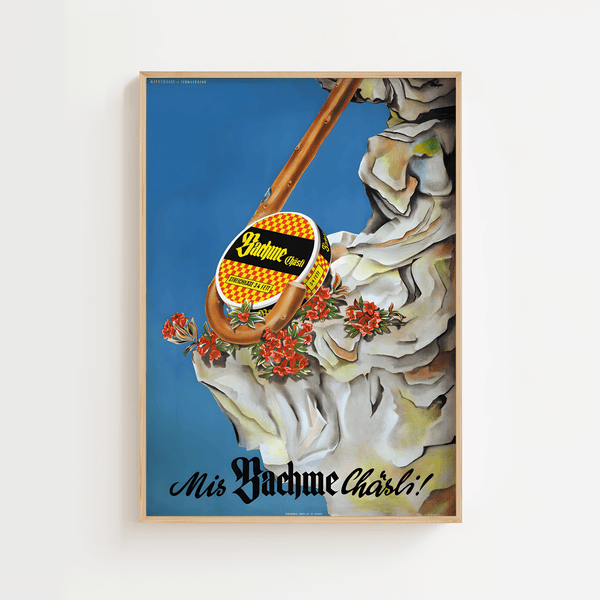 Farverig retro plakat med Bachme Chärli ost og blomster – autentisk vintage reklame fra Schweiz.