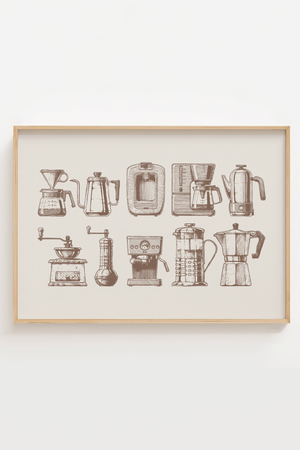 Opdag Coffee Machines Plakat, den ideelle plakat til køkkenet. Denne stilfulde plakat fremhæver forskellige kaffemaskiner og fanger kaffens essens.