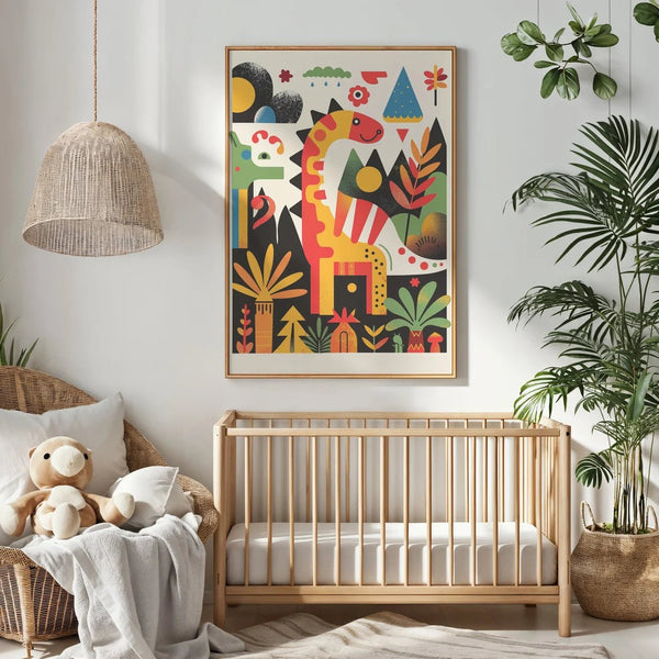 Dinosaur børneplakat med farverige illustrationer af dinosaurer som T-Rex og Triceratops. Perfekt til at skabe en sjov og eventyrlig stemning i børneværelset