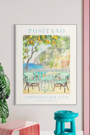 Plakat med udsigt over Positano, citrontræer og limoncello – italiensk kunstplakat med sommerstemning fra Amalfikysten.