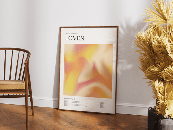 Farverig plakat med løven stjernetegn – moderne og kunstnerisk illustration i varme farver.