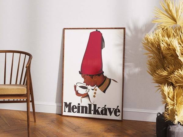 Vintage plakat med ikonisk Meinl-kávé reklame. Perfekt til kaffeelskere og retro-indretning. Fås i flere størrelser – fra kun 99,-