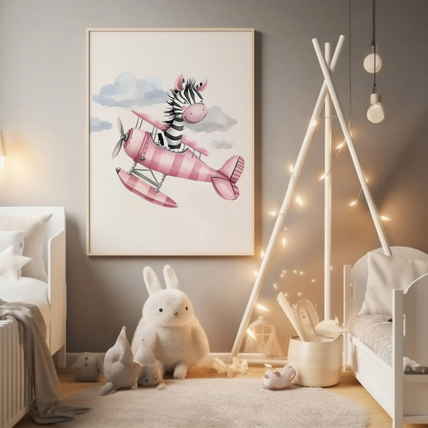 Zebra i et pink fly - Børneplakat