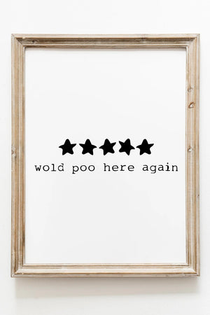 Plakat med fem sorte stjerner og teksten "Would poo here again" – sjov og minimalistisk badeværelsesplakat.