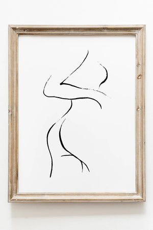 Minimalistisk plakat med sensuel kvindekrop i sort-hvid line art. Skab spa-stemning på badeværelset. Fås fra 99 kr.
