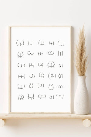 Minimalistisk plakat med håndtegnede line-art illustrationer af forskellige numseformer på hvid baggrund.