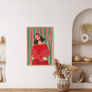 Farverig plakat med kvindefigur i røde nuancer og balancerede former på stribet baggrund