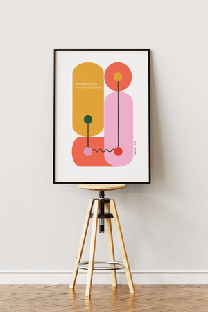 Bauhaus plakat med farverige modernistiske former og grafiske linjer inspireret af arkitektskolen i Berlin.