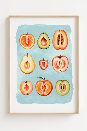 Blå vulva frugt plakat med kunstnerisk og feministisk motiv i moderne farver.