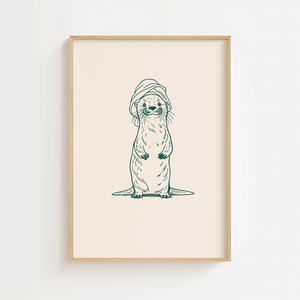 Minimalistisk plakat med sød odder iført håndklæde på neutral baggrund i roligt spa-inspireret udtryk.