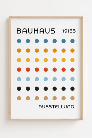 Bauhaus plakat med farvede cirkler i systematisk grid, inspireret af Bauhaus Ausstellung og modernistisk grafisk design.
