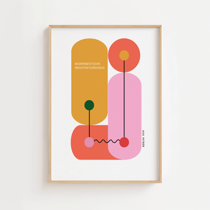 Bauhaus plakat med farverige modernistiske former og grafiske linjer inspireret af arkitektskolen i Berlin.