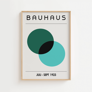 Bauhaus plakat med to overlappende cirkler i grøn og turkis i minimalistisk, geometrisk design.